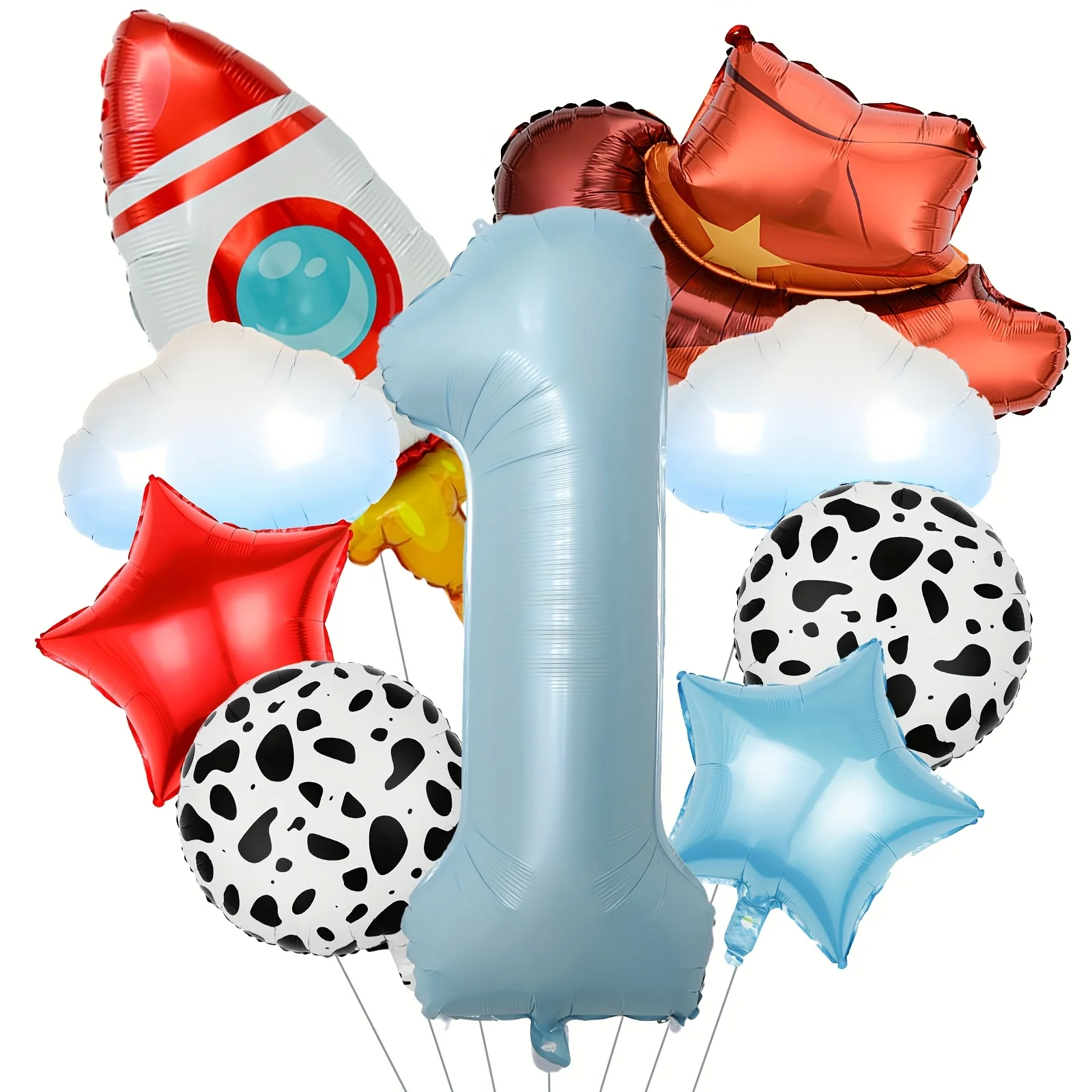 9-teiliges Wolken-Raketen-Cowboyhut-Ballonset mit Zahlen 1-9 für Geburtstag, Western-Party, Babyparty, Taufe, Hochzeitsfeier