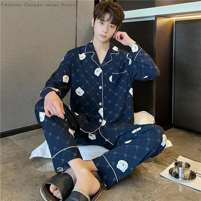 Cotton Men's Pajamas Korean Sleepwear Spring Autumn 2025 Pijama Printed Pyjamas 2 Piece Set Loose Casual Home Wear Loungewear
