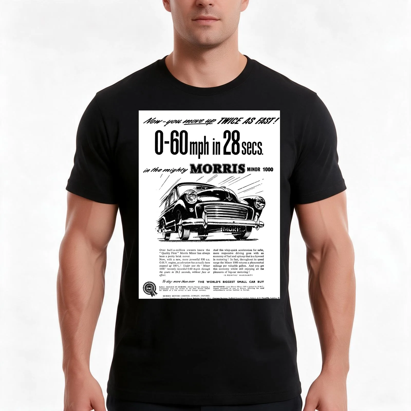 Morris Minor classic car advert, 1957 T-Shirt, Summer Casual Cotton Tee, Oversized Streetwear Tops, Vintage Graphic Print