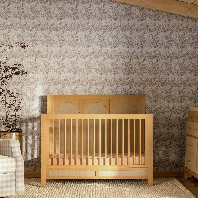 4-in-1 Convertible Crib in Honey and Performance Sand Eco-Weave, GREENGUARD Gold Certified