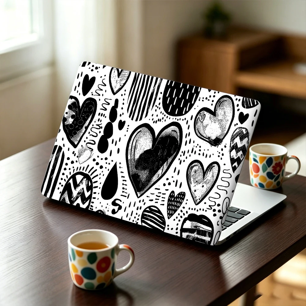2Pcs Black‑White Hand‑Drawn Heart Laptop Skin Sticker Anti‑Scratch Waterproof Sketch Love Heart Notebook Decal Aesthetics Decor