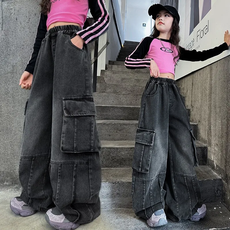 Multi-Pocket Jeans For Girls 6 8 10 12 14Years Old Spring Autumn Teenager Girls Denim Cargo Pants 2024 New Fashion Kids Trousers