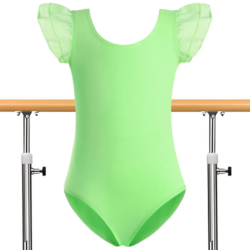 Klassische Basic-Ballett-Tanztrikots für Mädchen, Gymnastik-Tanzoberteile mit Rüschenärmeln und rundem Ausschnitt, Ballett-Tanzbekleidung