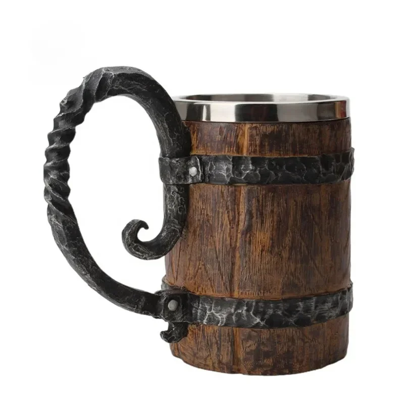 3D Creative Portable Resin Wooden Barrel Double Wall Insulated Coffee Cup Stainless Steel Beer Mug With Handle