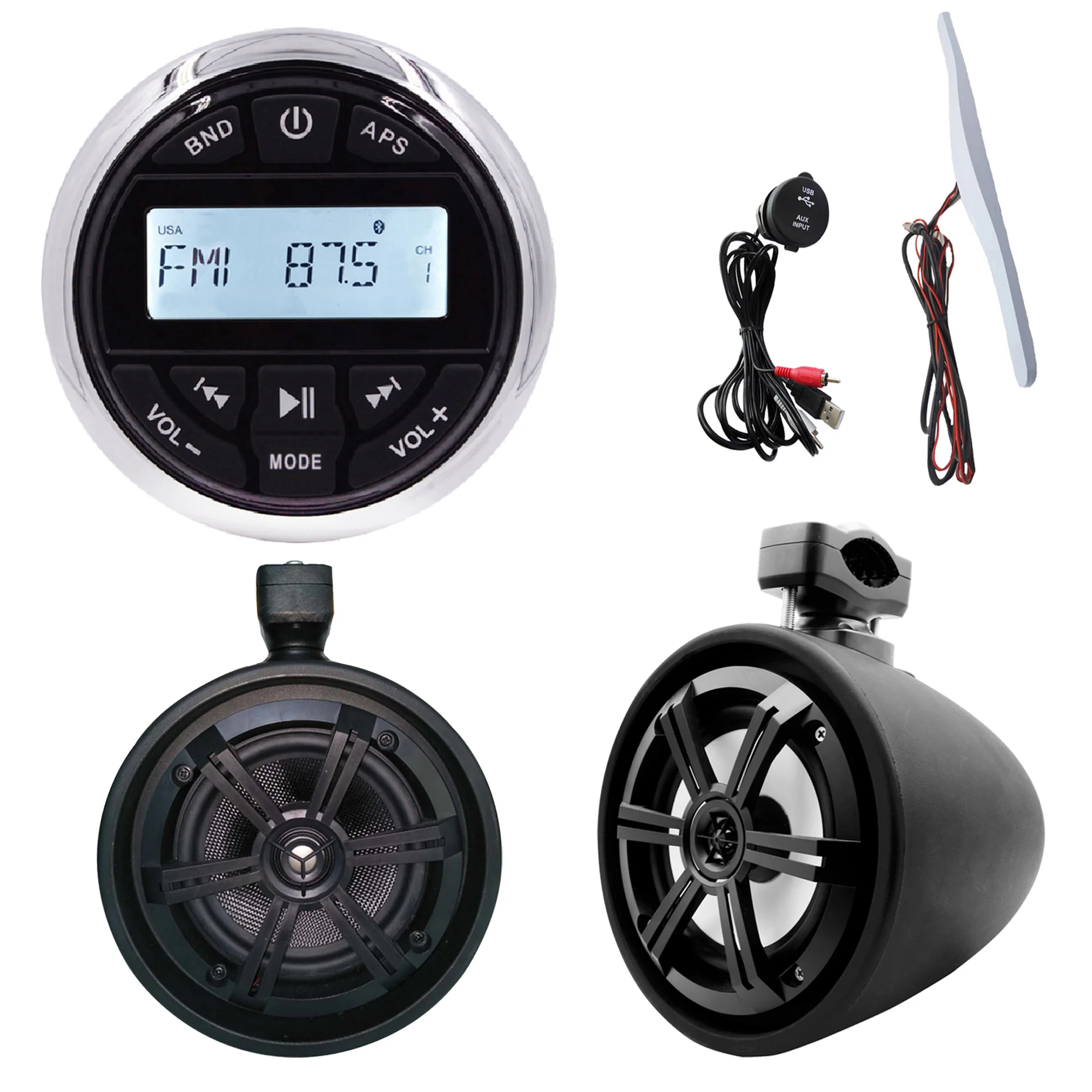 

Waterproof marine 6.5 inch tower speaker H-6108 * 2 + LCD Bluetooth MP3 radio player H-833 + USB data cable + antenna kit