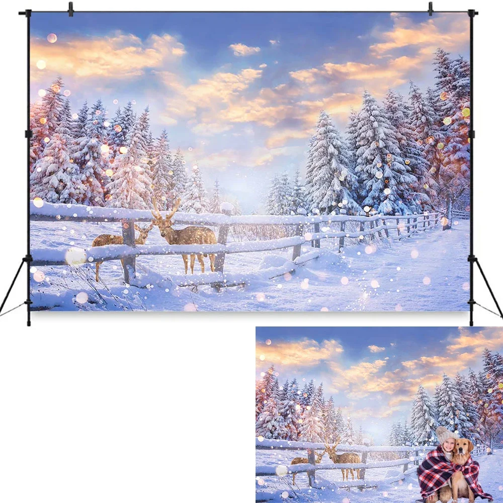 Winter Forest Photography Background Sunset Natural Scenery Elk Snow Frozen Backdrop Decoration Glitter Photo Home Studio Props