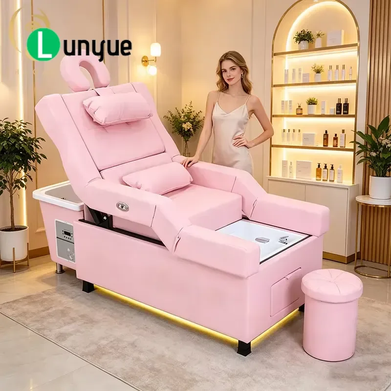 Electric Shampoo Bed with Foot Bath Adjustable Leather Headrest 3 Motor Foldable Multifunctional Professional Furniture