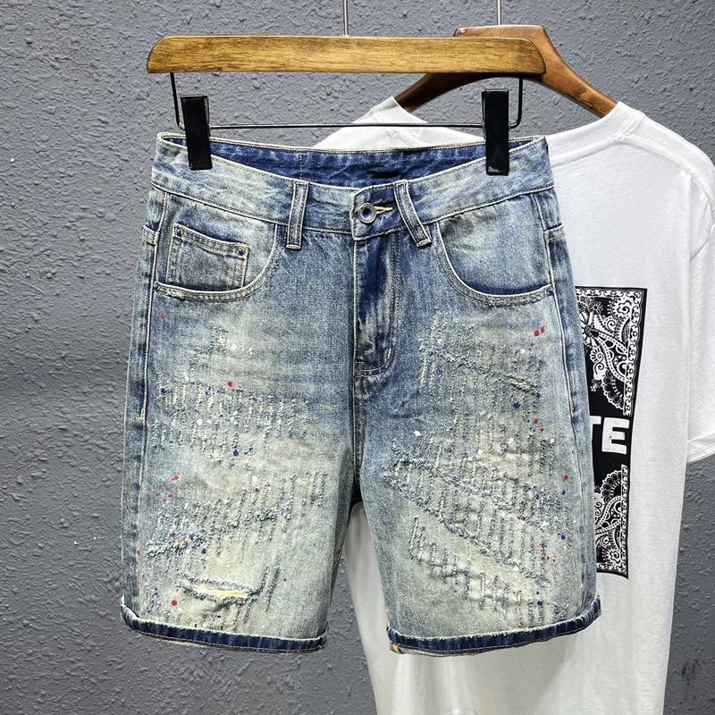 2024summer scratch denim shorts men's trendy high-end casual all-matching fashion retro shorts