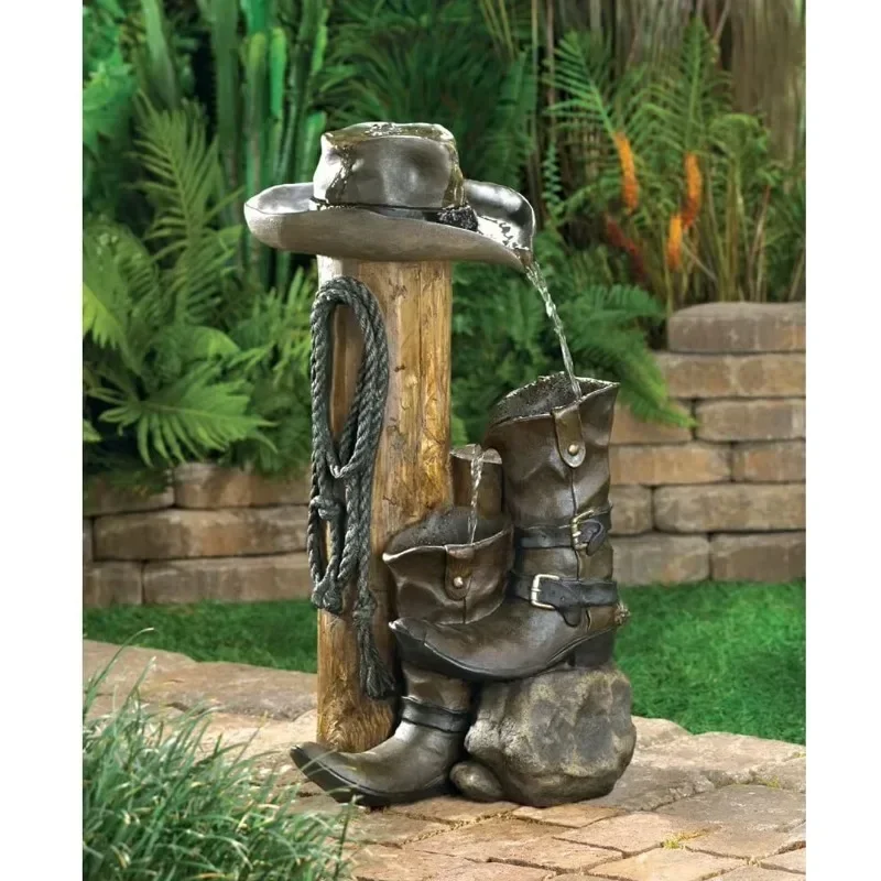 Wild Western Rustic Cowboy Hat Boot Water Fountain for Outdoor Garden Decor