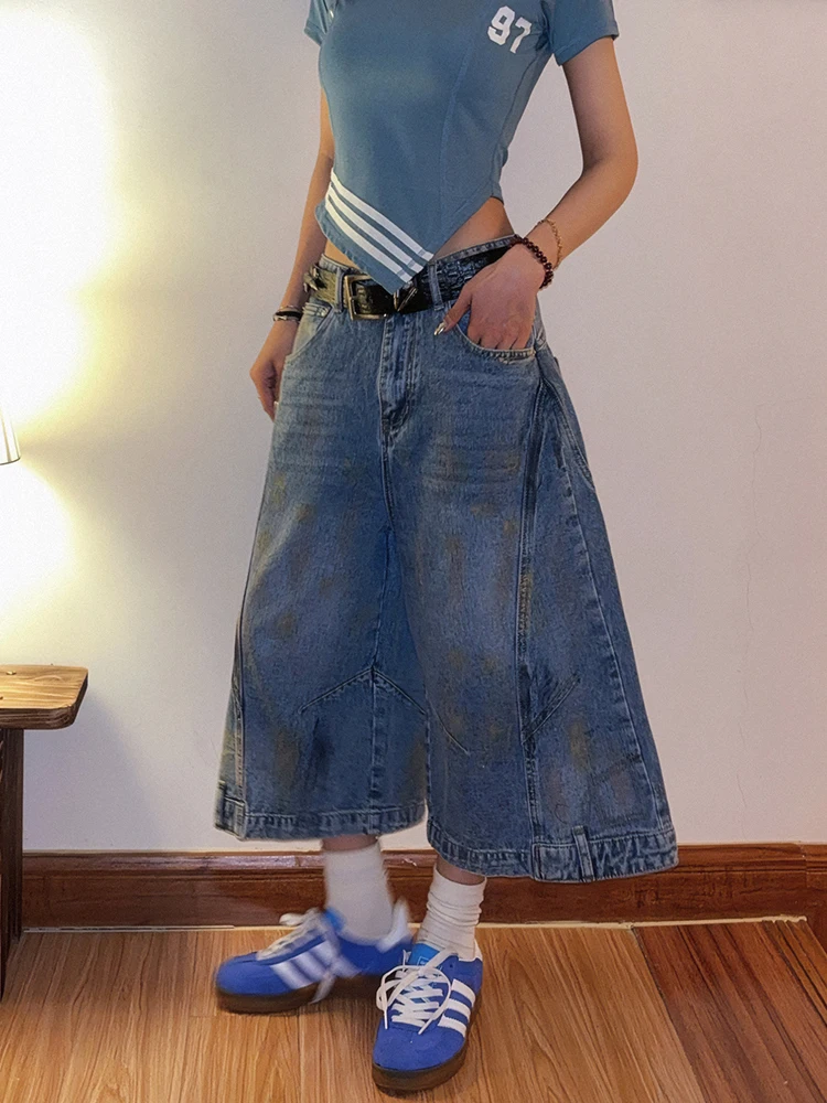 

Waed Distred American Street Retro Design Denim Jeans Loose Wide Leg Seven-Foot Pants Casual Sle l Waist orts
