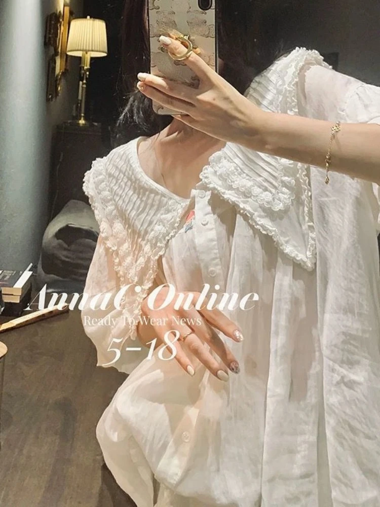 

Korobov, французская винтажная рубашка с кукольным воротником, женская одежда, свободные дизайнерские Топы с коротким рукавом, летняя новая модная блузка