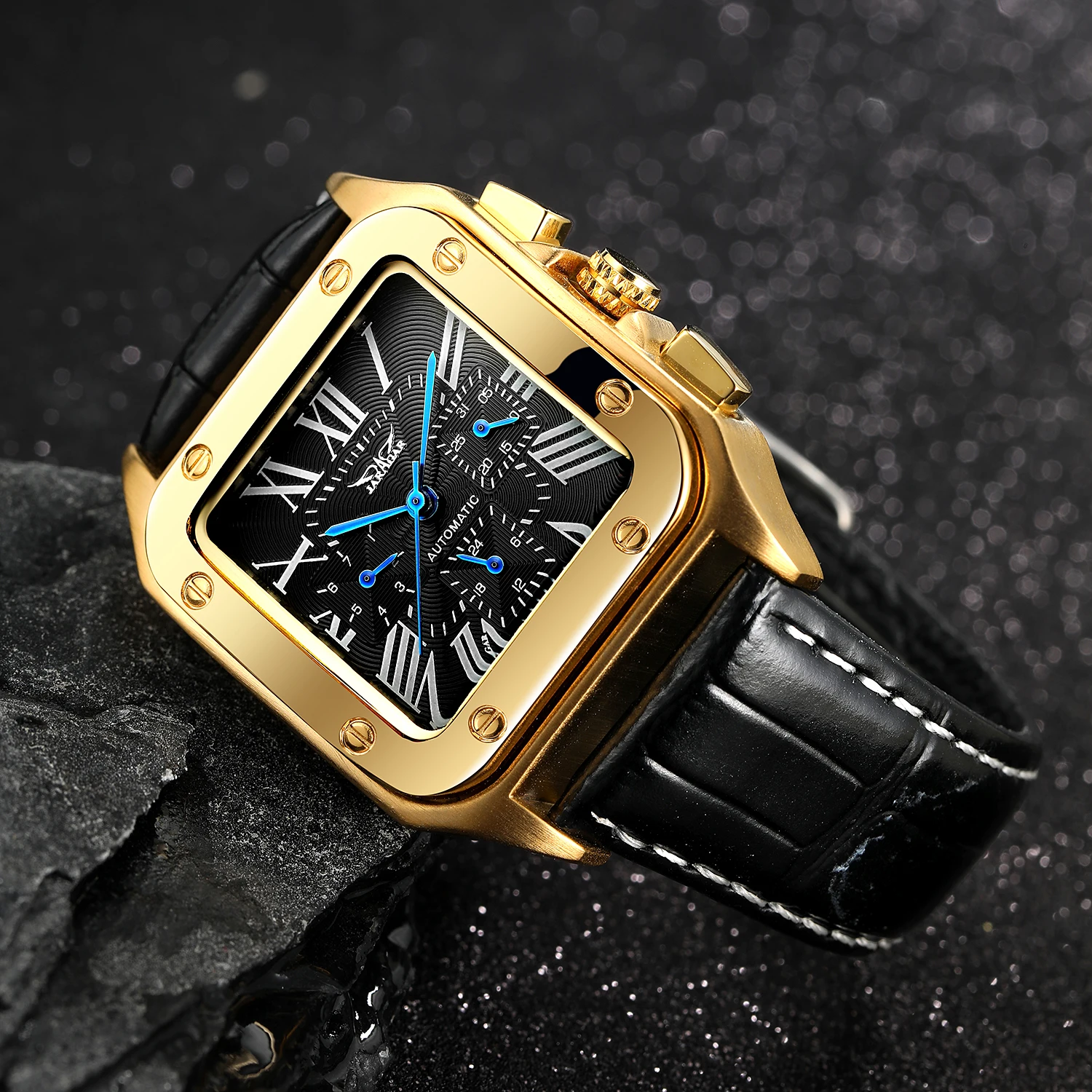 Forsining Man\'s Watch Fashion Automatic Mechanical Reloj Square Leather Strap Waterproof WatchesTop Brand Luxury Gold Clock