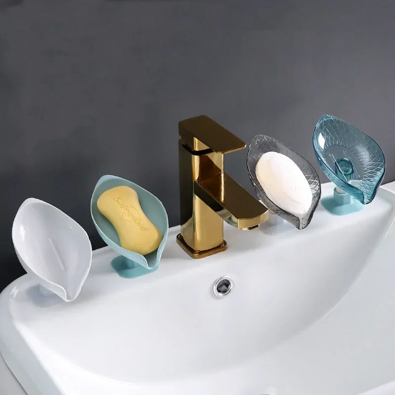 Leaf Shape Soap Dish Holder Suction Cup For Bathroom Shower Box Sponge Holder Storage Tray Container Non Perforated Drain Toilet