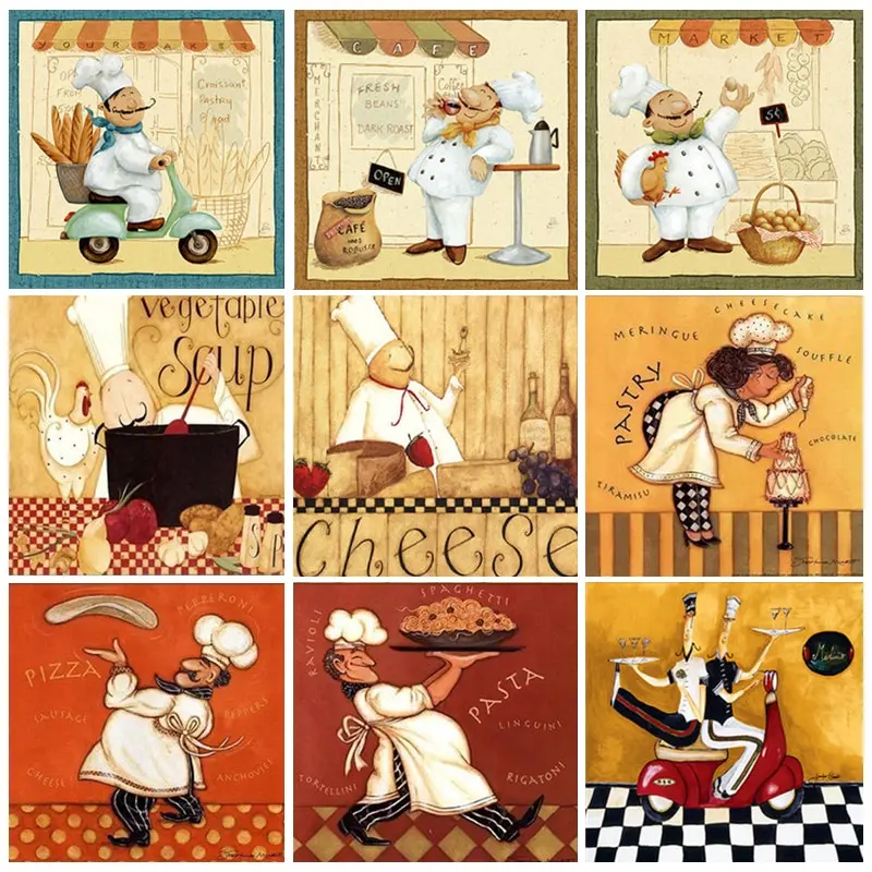 Moderne Cartoon Pasta Koch Kunst Bäckerei Leinwand Malerei Wand Kunst für Küche Wohnzimmer Restaurant Dekor Drucke Poster