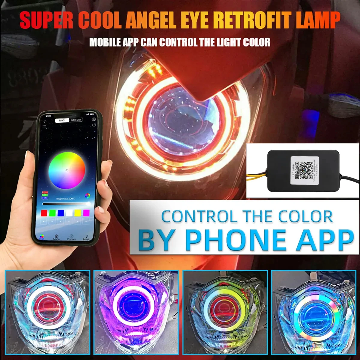 Anéis de farol LED para motocicleta, controle DRL Eyes App, algodão, anéis de halo, aplicativo decorativo, 9-30V, 60mm, 70mm, 80mm, 1pc