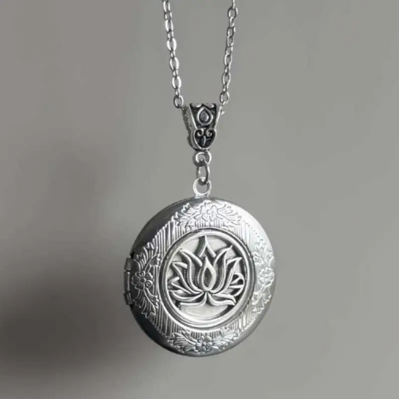 #Retro Lotus Flower Locket Pendant Openable Silver Color Stainless Steel Photo Frame Charm Necklace For Women Men Jewelry Gift