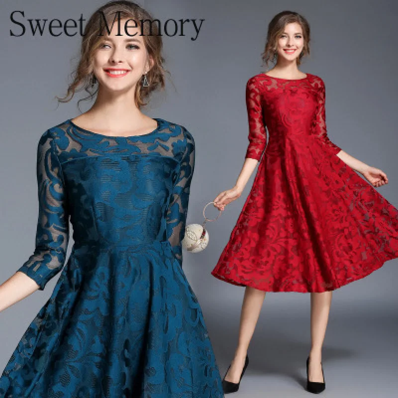 S970 Mother Of The Bride Dresses O-Neck Plus Size Dress Spring Autumn Women Gown Girls Robes Slim Lace Red Back