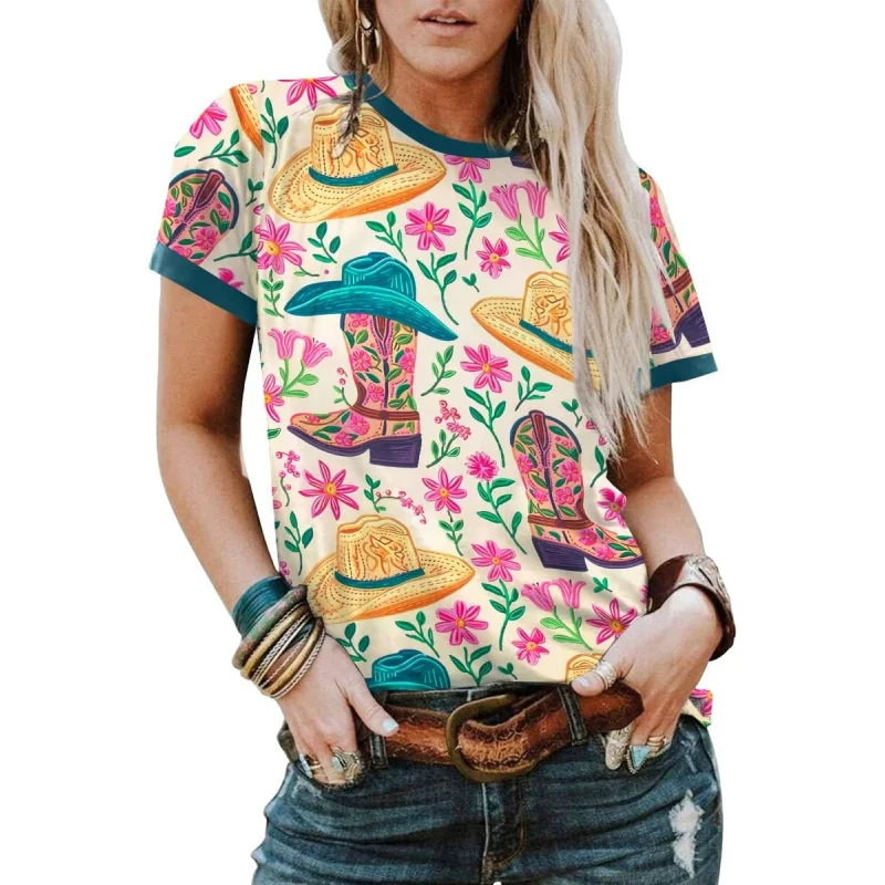 

Western Cowgirl Shirt:Retro Western Competitive Pattern T Women's T-shirt Denim 3D Digital Print Short Sleeve Top