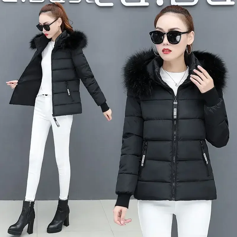 Ladies Winter Coat Women Fur Collar Hooded Jacket Woman Casual Warm Outerwear Jackets Female Girls Black Clothes PA1140