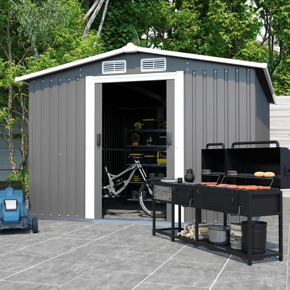 10 x 8 FT Outdoor Storage Shed, Metal Garden Shed with 2 Lockable Sliding Doors & 4 Air Vents, Large Tool Shed with Storage Hook