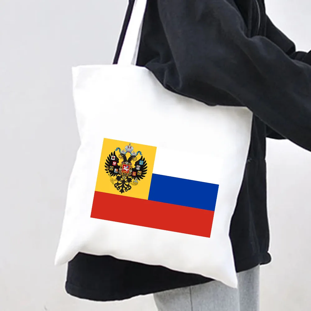 Russian Flag Coat of Arms Moscow Women Canvas Shoulder Harajuku Handbags Totes Eco Shopper Reusable Cotton Foldable Shopping Bag