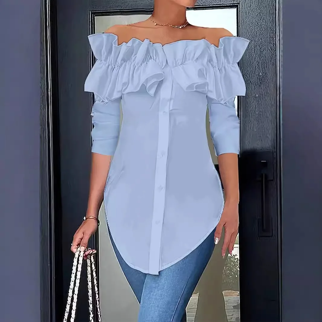 Blusa de manga comprida de botão feminina, monocromática, um ombro, borda de lótus, elegante camisa de escritório, primavera e outono