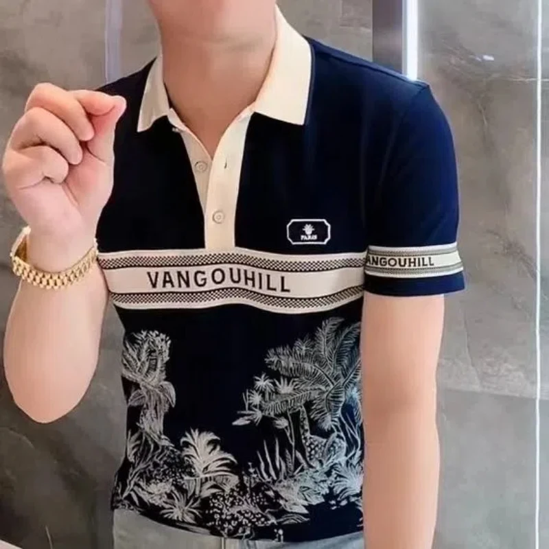 Fashionable Summer European Goods Fashionable and Handsome Light Luxury Chest Logo Letters Versatile Slim Shirt Collar T-shirt