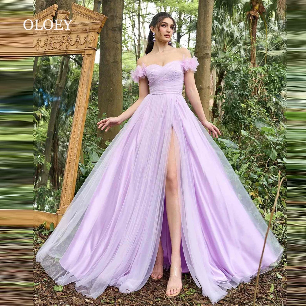 

OLOEY Sweetheart Off Shoulder Bridesmaid Dress Wedding Photoshott Short Sleeves Soft Tulle Floor Length A Line Left Slit Custom