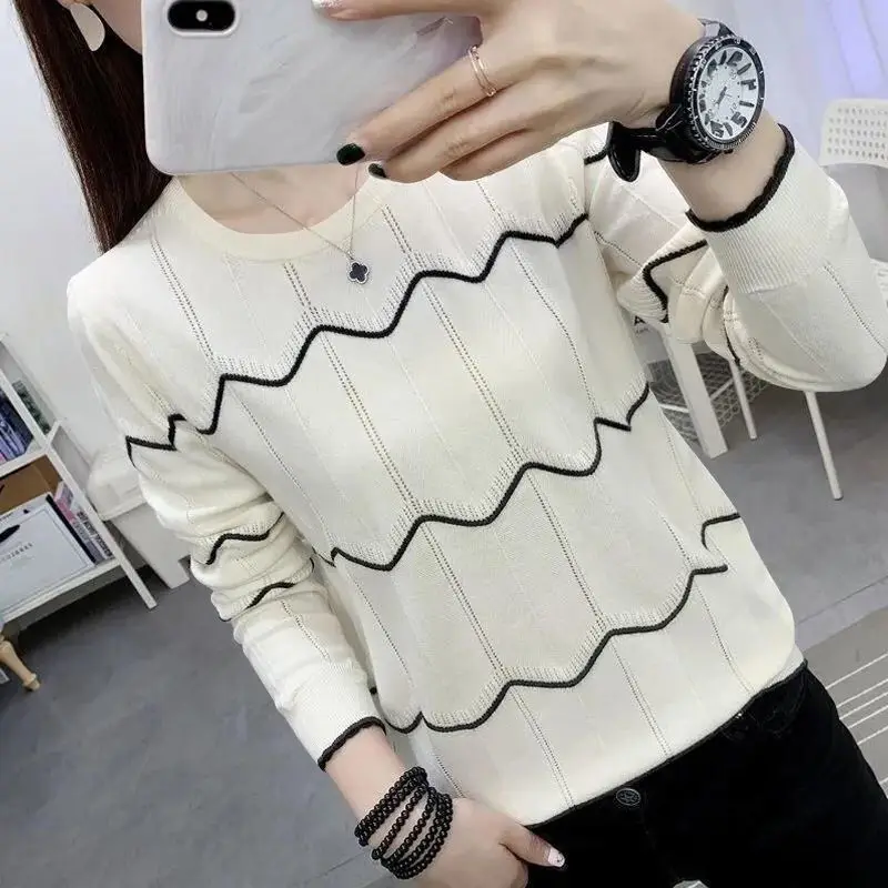 Spring Autumn Round Neck Elegant Fashion Knitted Pullovers for Women 2022 New Oversized All-match Women\'s Clothing Korean Top