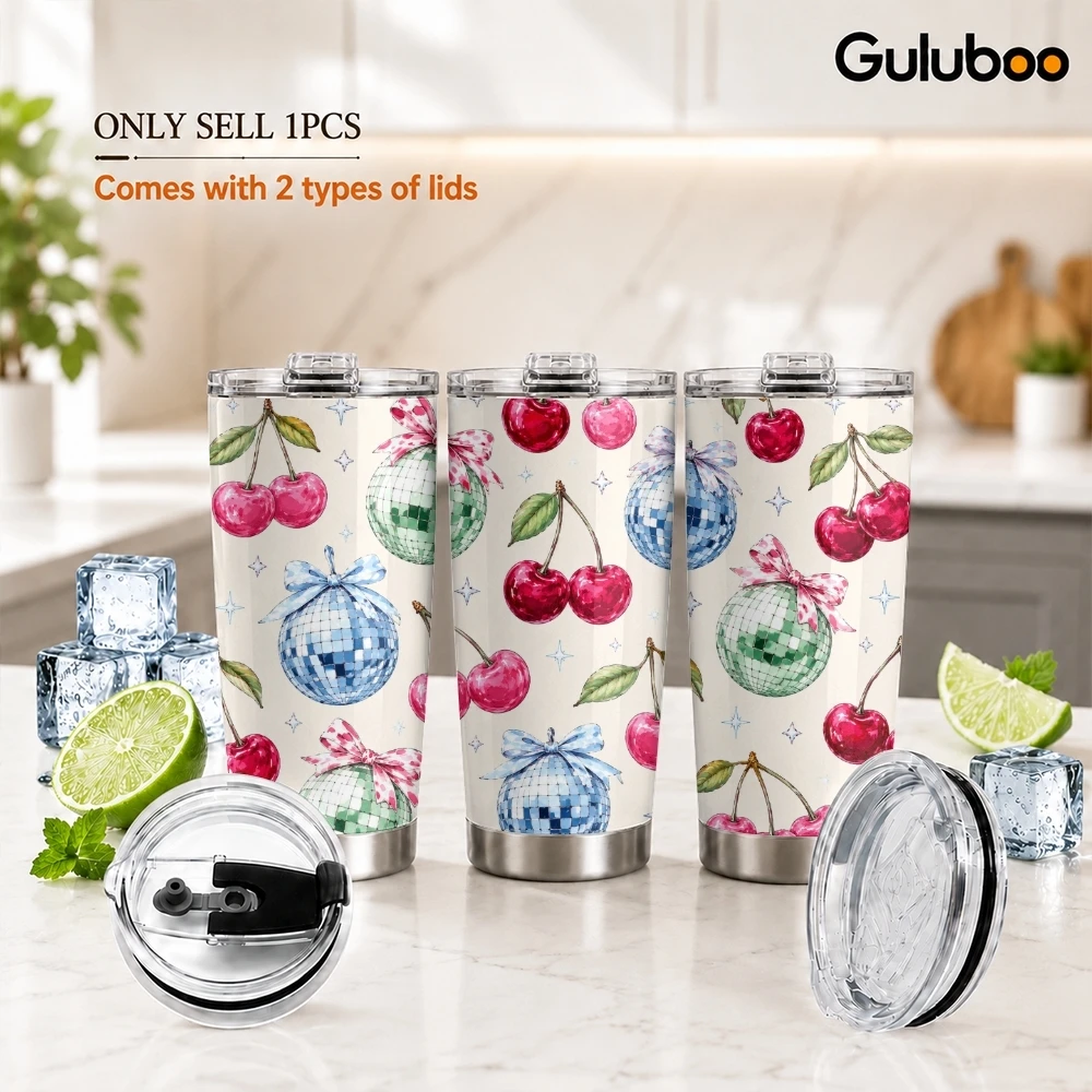 Disco Cherries Vacuum Flasks 20oz Stainless Steel Travel Mug with 2 Lids & Reusable Straw Vacuum Insulated Coffee Cup