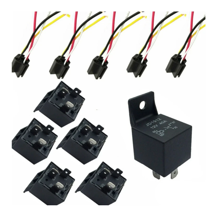 5Pcs 12V 40 Amp 4 Pin With Wires Car SPDT Automotive Relay DC With Harness Socket JD1912 Car Relay Replacement Kit