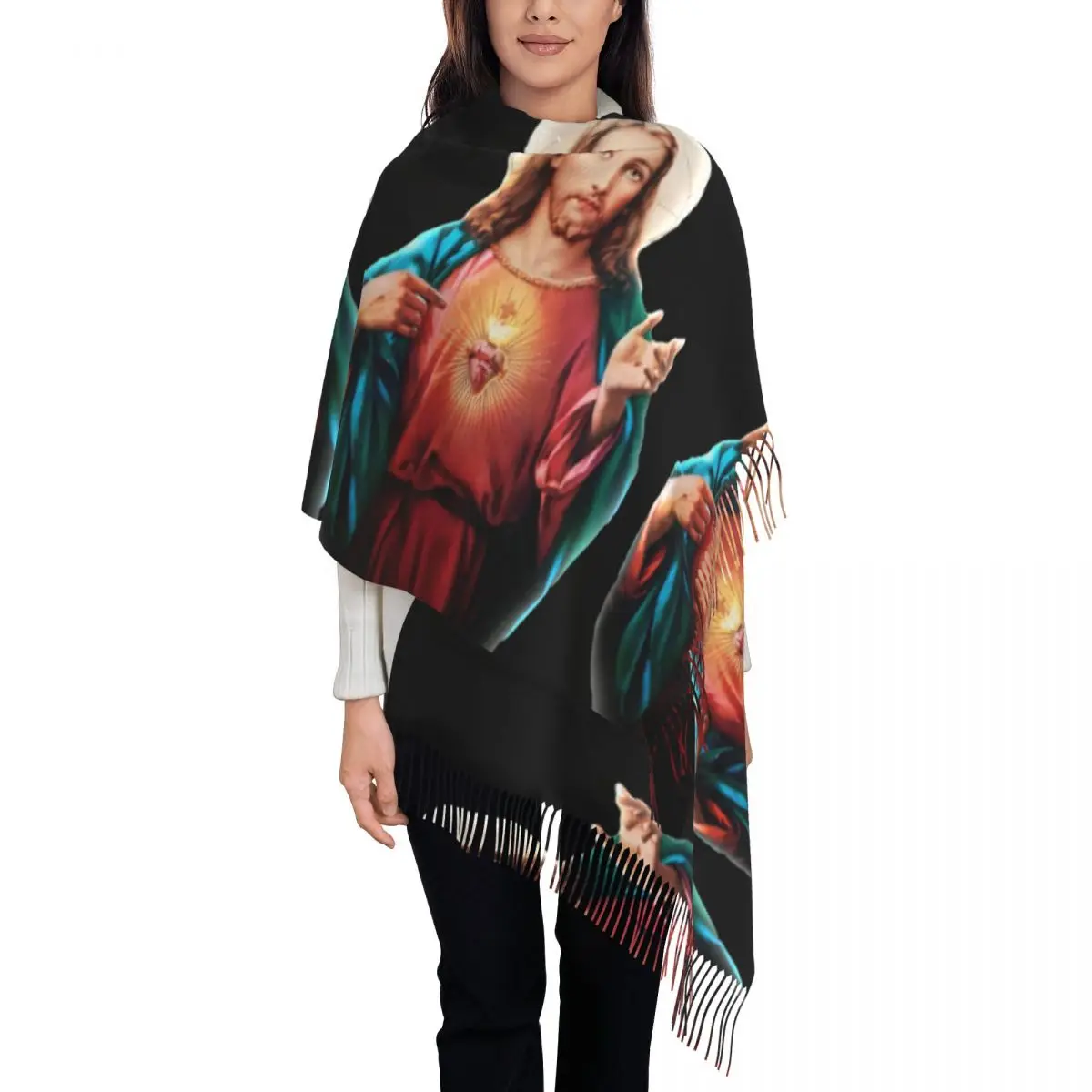 Jesus Christ Saviour Shawl Wraps for Women Winter Warm Large Soft Scarf Pashmina Tassel Scarves