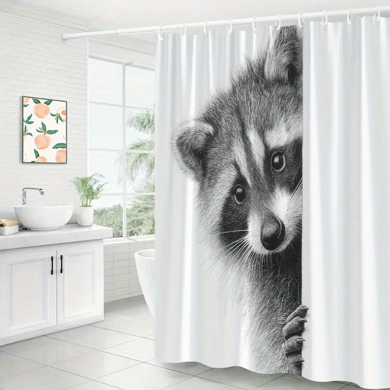 Black White Raccoon Shower Curtain Waterproof Animal Illustration Sketch Bathroom Decor Modern Wildlife Bath Curtain Shower