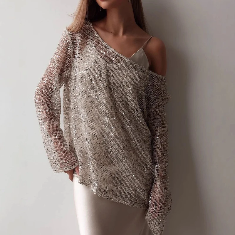 OMSJ Sequin Perspective Full Sleeve Loose Style Pullovers Solid Color Hollowed Casual Sexy Cover Up Tops Women's Club Streetwear