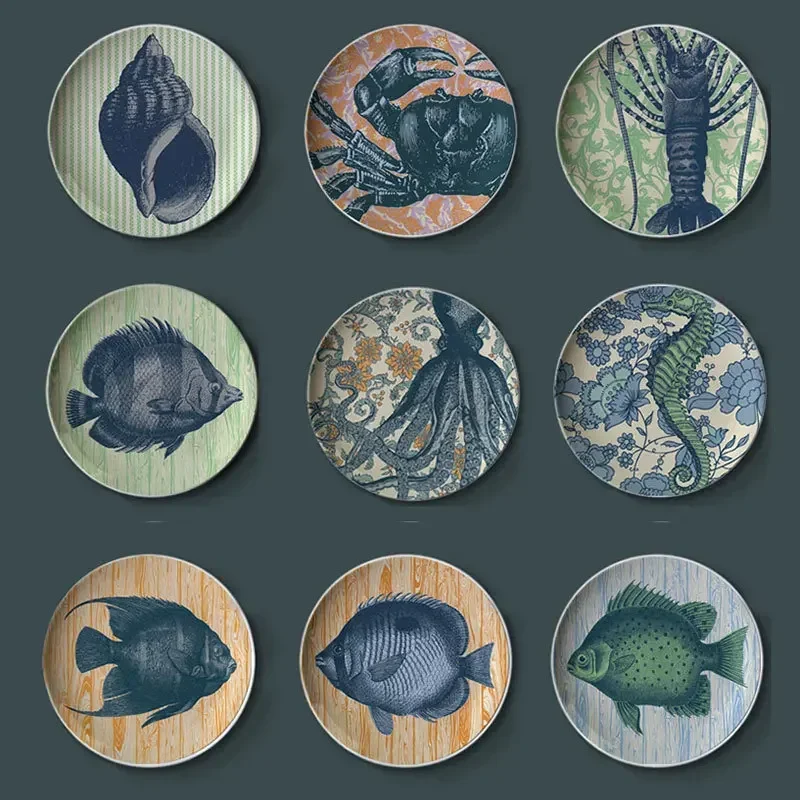 Deep Sea Creatures Decorative Plate Lobster Seahorse Crab Pattern Ceramic Wall Hanging Plate Dessert Display for Restaurants