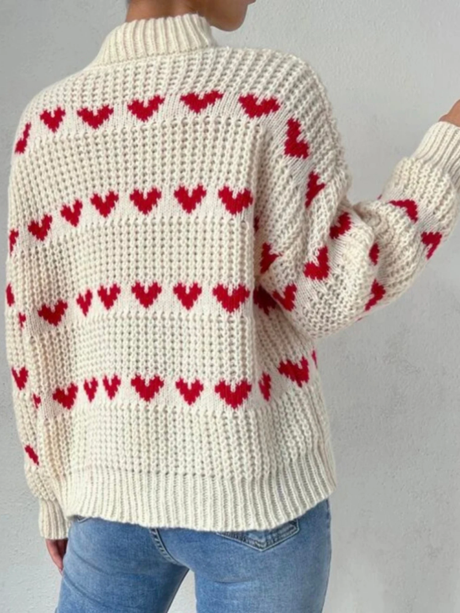 Wsevypo Suéteres de punto holgados para mujer Casual Love Heart Jacquard Manga larga Jerséis con cuello simulado Jerséis Otoño Invierno Prendas de