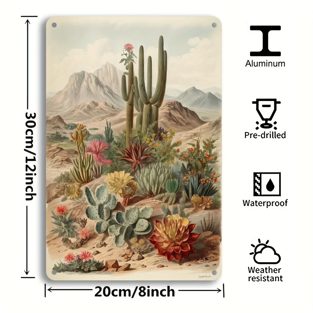 Tinplate Metal Tin Painting with Desert Cactus Landscape Vintage Wall Decoration Suitable for Bar Deck Waterproof Rust 8x12 Inch