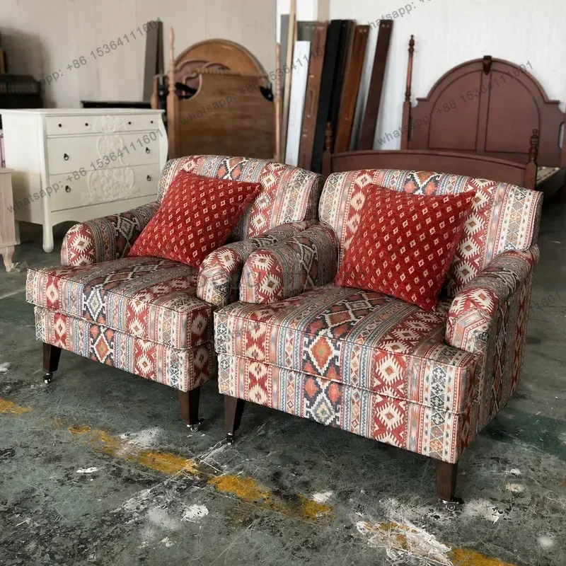Retro Plaid Solid Wood Sofa Chair Single Seat for Living Room Bedroom Balcony Leisure Armchair
