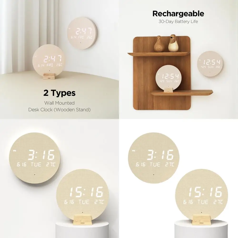 

Modern Minimalist LED Wall Clock with Date, Temperature, Cordless & Auto Brightness for Home and Office