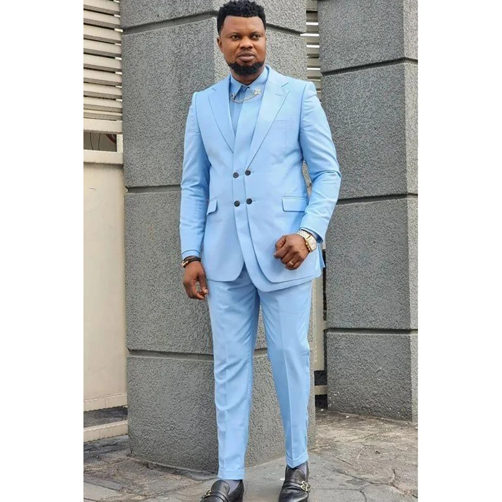 

Unique Double Breasted Sky Blue Men Suit Two Pieces Fashion Hot Sell Male Set Daily Business Blazer Pants trajes para hombre