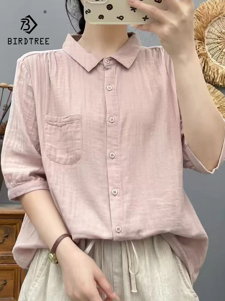 

Новинка 2025, летняя рубашка с короткими рукавами из хлопковой пряжи, женская рубашка с отложным воротником в полоску, мягкая повседневная свободная блузка в стиле ретро Mori Girl T55943CC