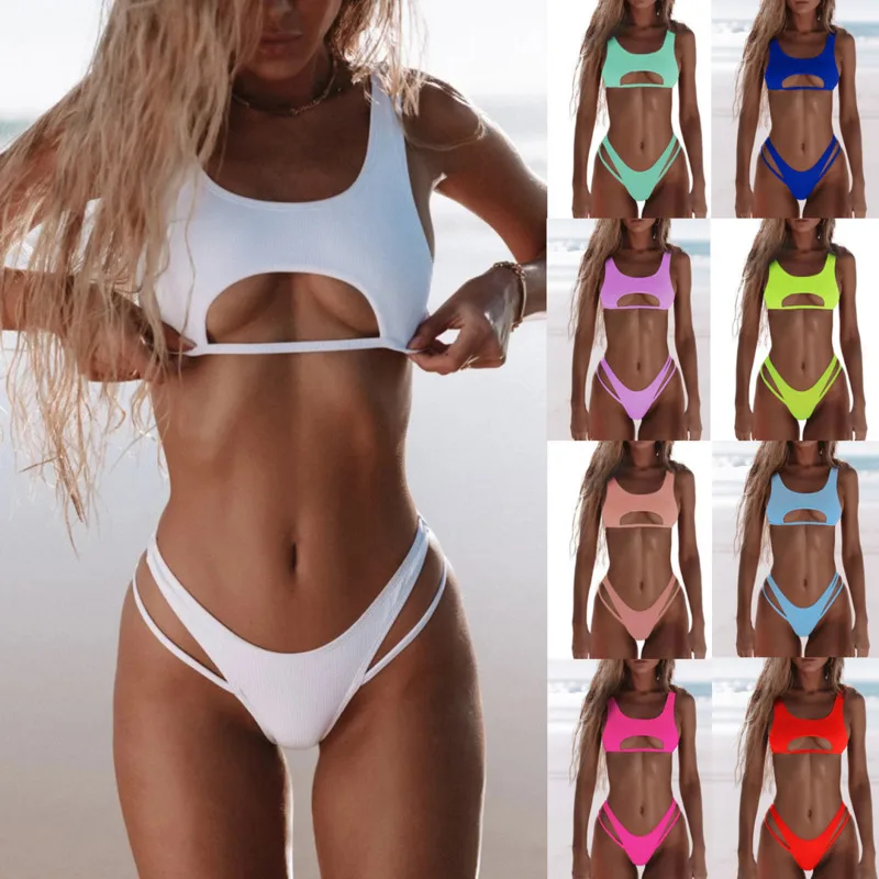 Rib Swimsuit Woman 2023 Trend Sexy Hollow Out Bikinis Sets Hollow Out Solid Micro Swimwear High Cut Beach Brazilian Bikini Women