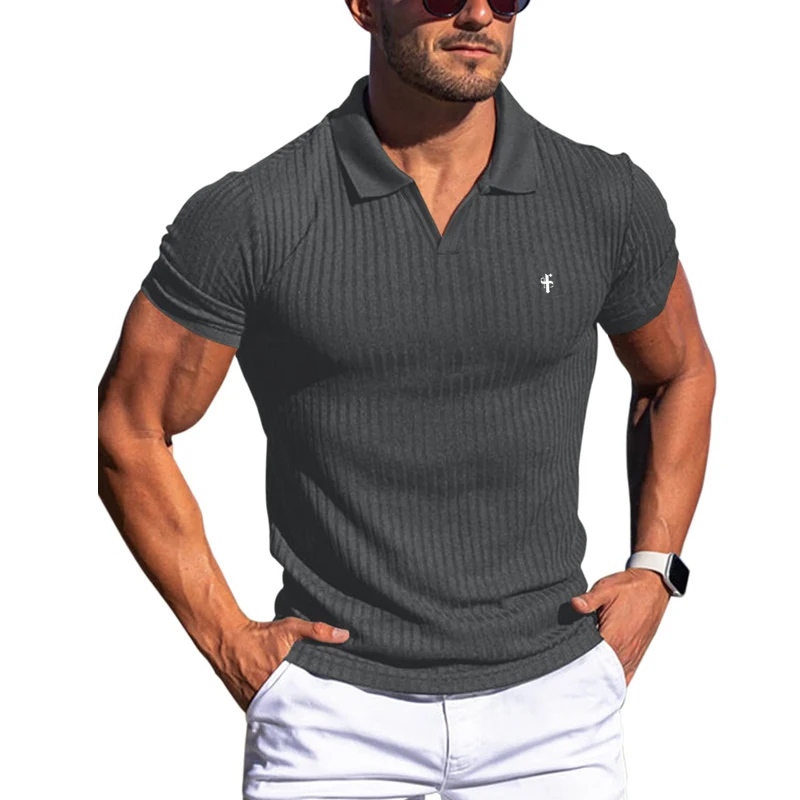 Summer New Men's T-Shirts Turn-Down Collar Vertical Stripe Quick Drying Elastic POLO Shirt Sports Fitness Training Clothes Top