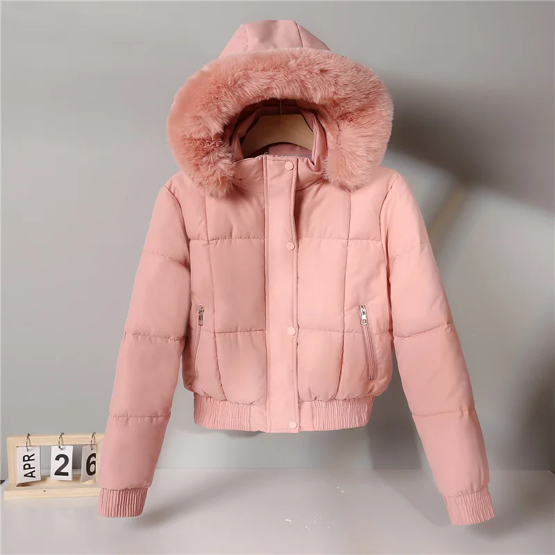 Female Fleece Warm Bread Jacket Student Coat Outerwear Women Winter Jacket Solid Hooded Fur Collar Short Cotton Padded Jacket