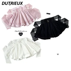 Sweet and Cute Girl High Waist Lace-up A-line Short Skirt Summer Japanese Mine Diamond Buckle Big Swing Yarn Mini Skirts