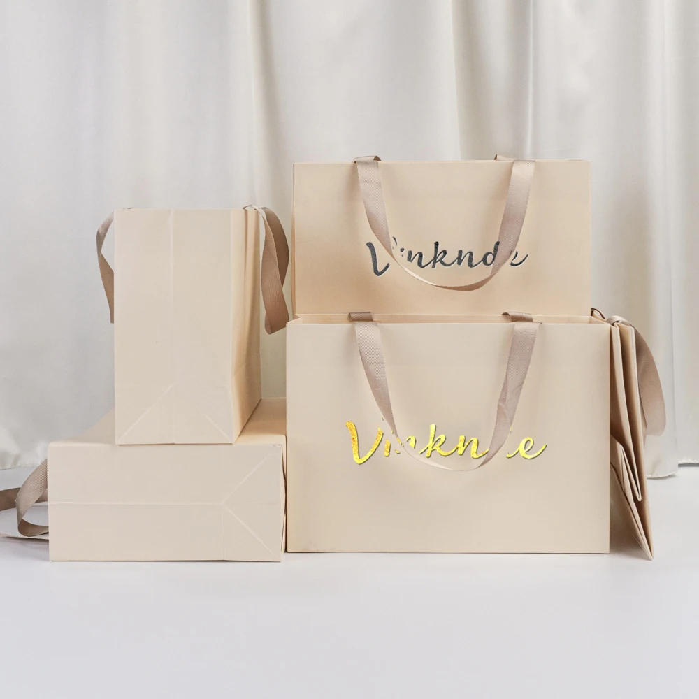 

Custom Logo Biege Jewelry Champagne Handle Gift Bag Paper Shopping Tote Pouches Boutiques Earring Women's Present Organizer Bags