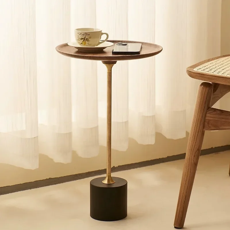 French retro modern simple corner table, small apartment living room light luxury walnut color small round table