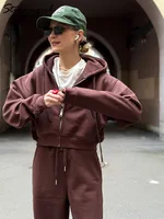 Women Tracksuits Winter Fleece Sweatsuit Brown Warm Crop Zipper Hoodies And Sweatpants Set For Women 2 Piece Velvet Pants Sets - Image 2