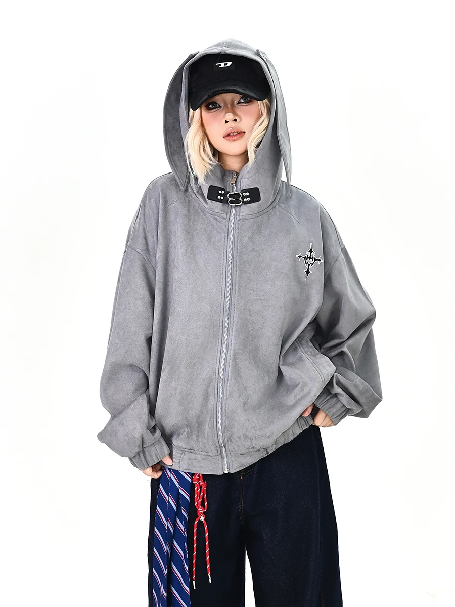 

Женская свободная куртка в американском ретро-стиле с кроличьими ушками, кожаная, синяя, весна 2026, новая повседневная верхняя одежда