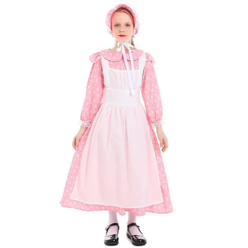 Halloween European And American Style Floral Print Country Girl Farm Dress Medieval Two-color Maid Costume